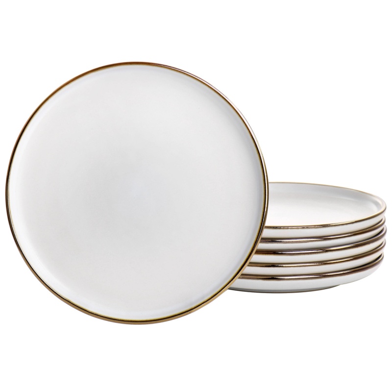 Elama Arthur 6 Piece Stoneware Salad Plate Set In Matte White With Gold Rim
