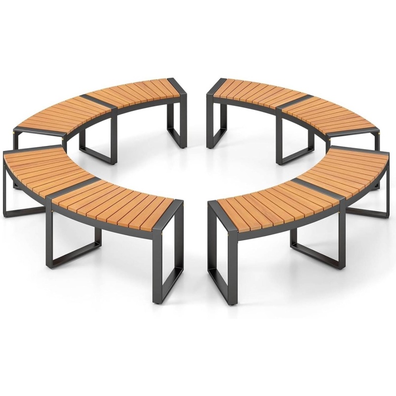 Set Of 4 - Round Outdoor Metal Wood Backless Bench - Around Table Tree Fire Pit