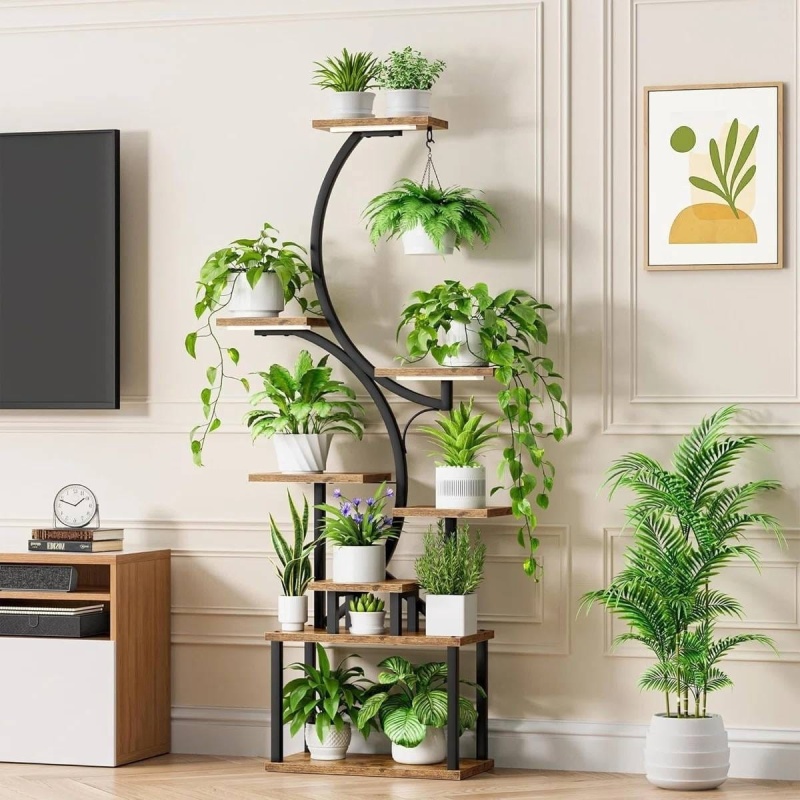 Indoor Plant Stand With Black Metal Frame and Wood Finish Shelves