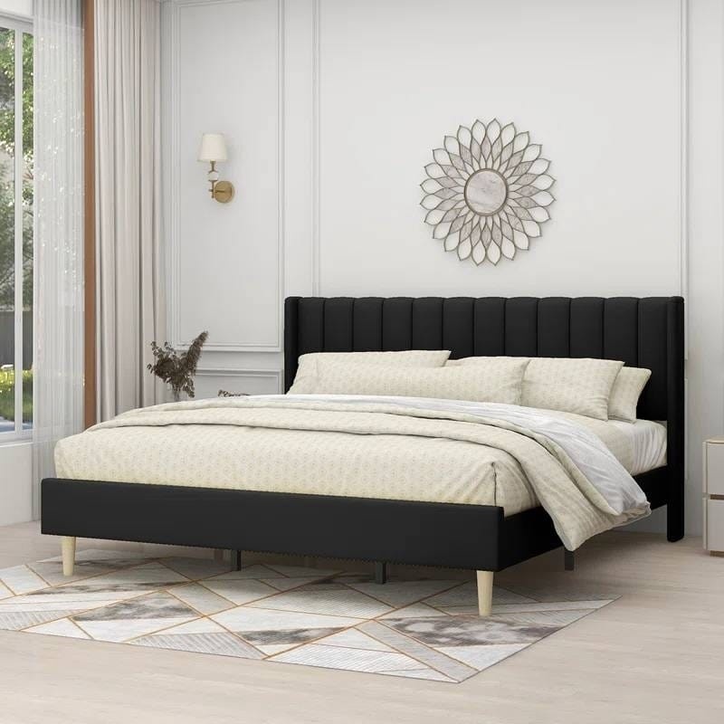 King Size Mid-Century Black Linen Platform Bed Frame With Upholstered Headboard