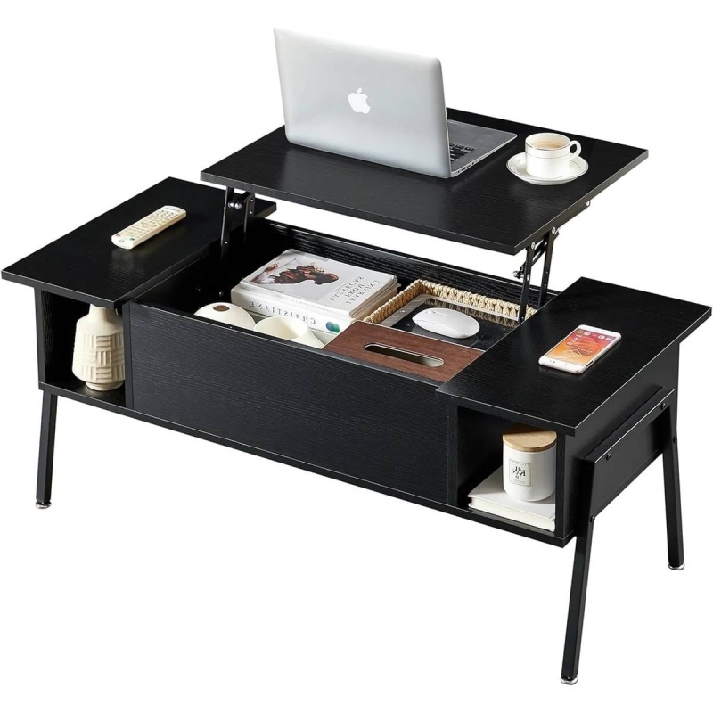 Modern Lift-Top Coffee Table Laptop Desk With Storage Shelf In Black Wood Finish
