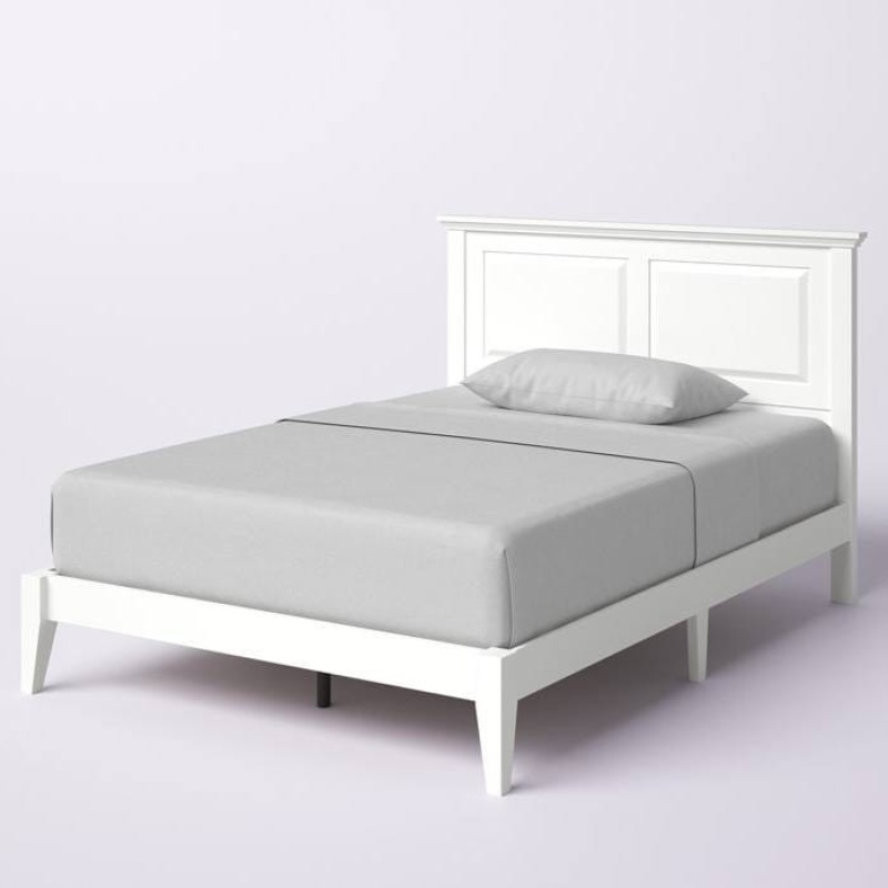 Full Traditional Solid Oak Wooden Platform Bed Frame With Headboard In White