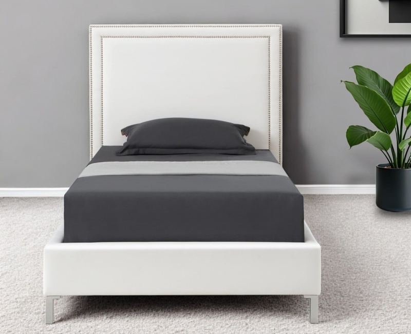 White Solid Wood Twin Upholstered Faux Leather Bed Frame With Nailhead Trim