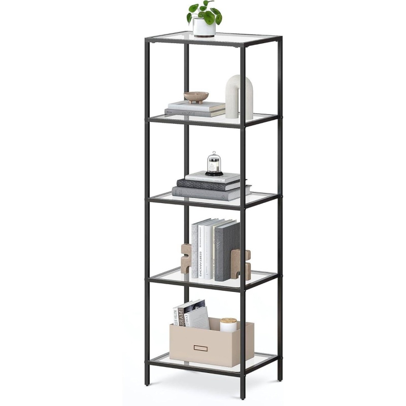 Black Metal Frame Glass Shelf Bookcase