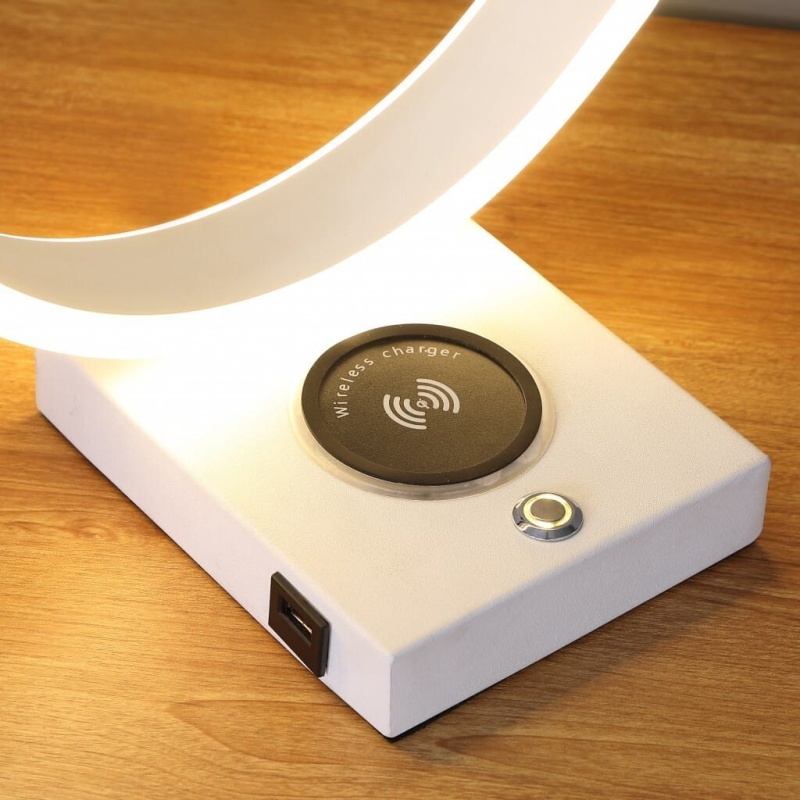 14" White Metal LED Table Lamp with USB Charger