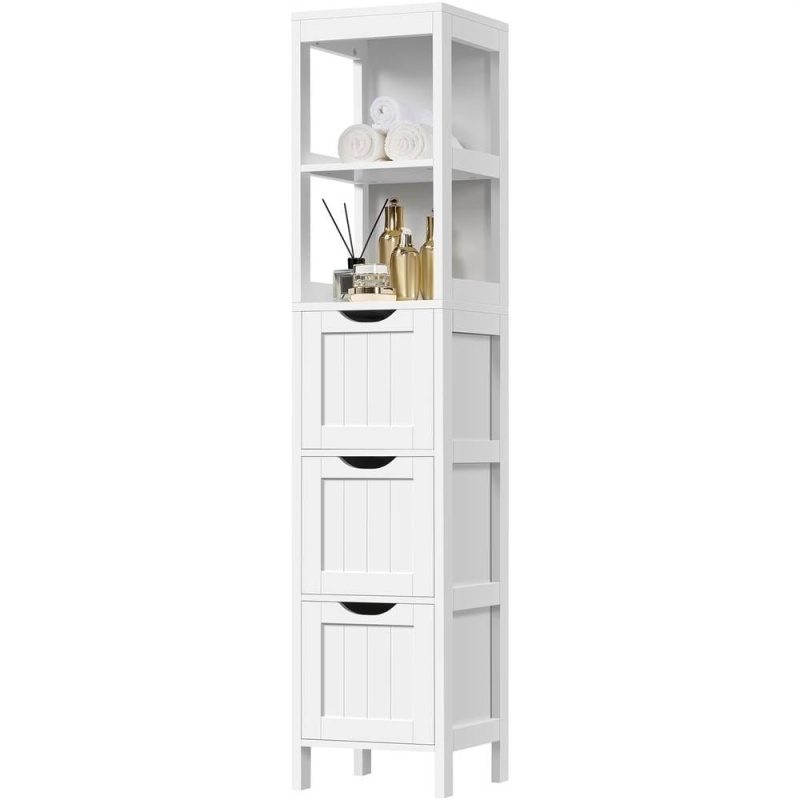 Bathroom Cabinet Tower With 3 Storage Drawers And 2 Shelves In White Wood Finish