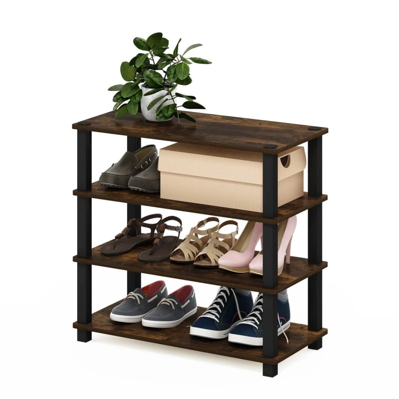 Stackable 4-Shelf Black Brown Wood Shoe Rack - Holds Up To 12 Pair Of Shoes