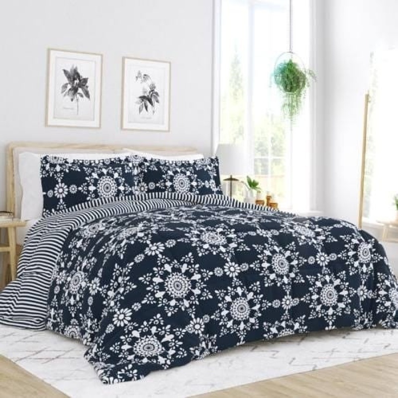 King Size 3-Piece Navy Blue White Reversible Floral Striped Comforter Set