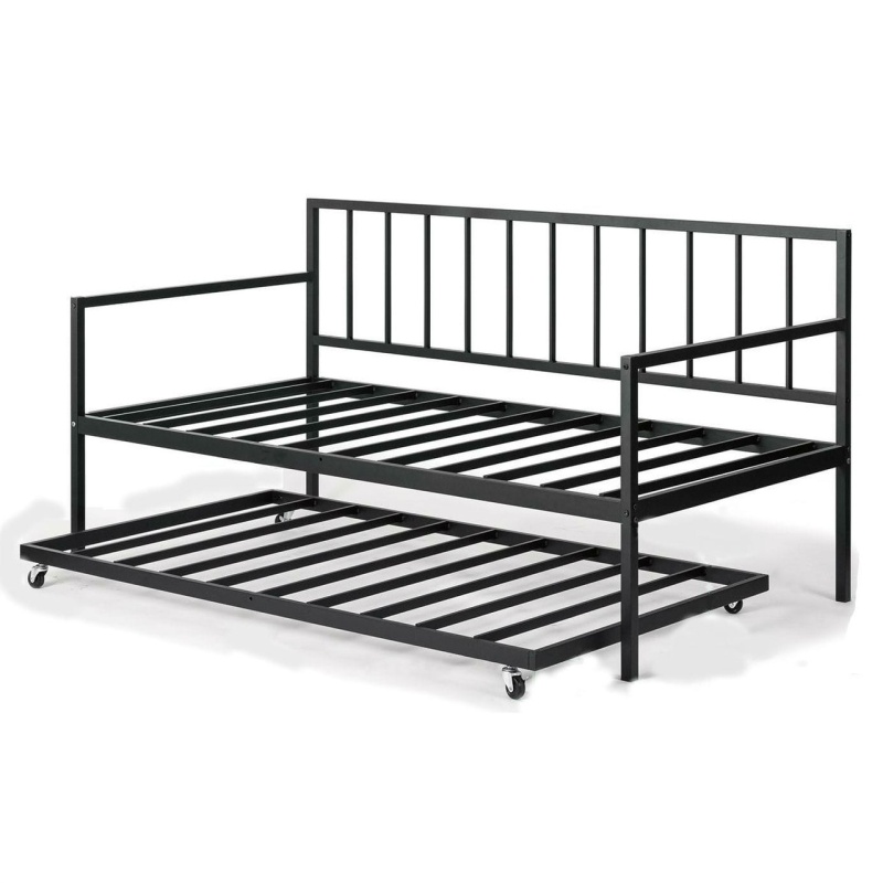 Twin Size Heavy Duty Metal Daybed With Roll-Out Trundle Bed
