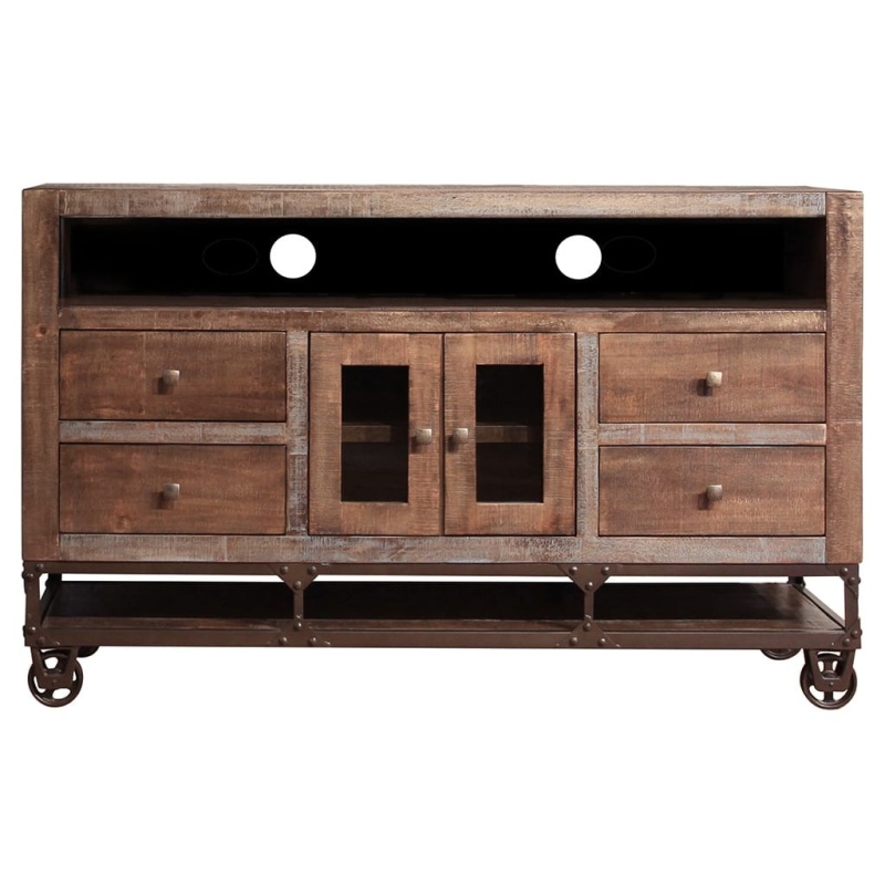 62" Brown Solid Wood Cabinet Enclosed Storage Distressed Tv Stand