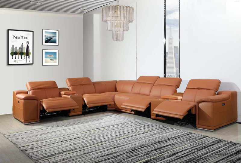 Camel Italian Leather Power Reclining U Shaped Sectional