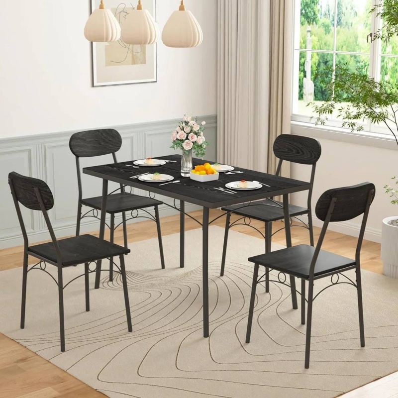 Modern 5-Piece Dining Set With Black Wood-Top Table And 4 Chairs