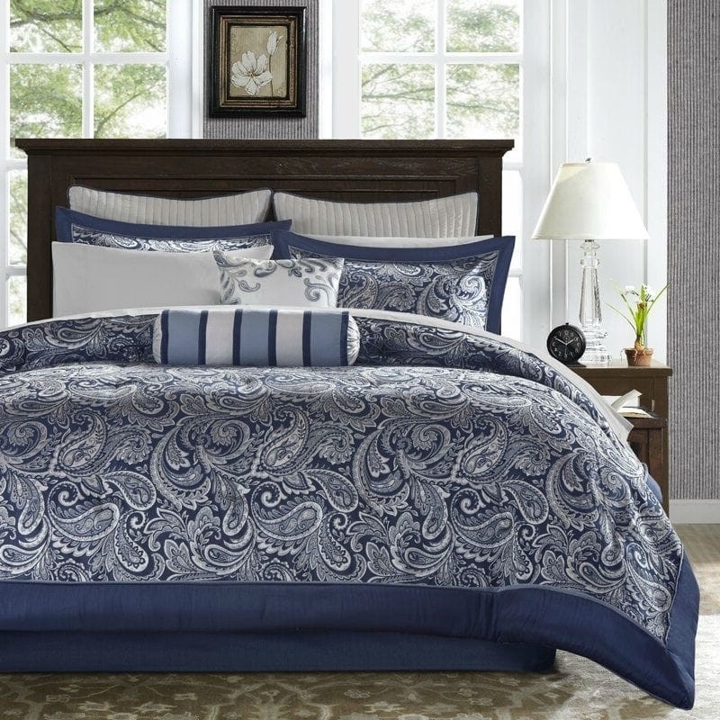 California King 12-Piece Reversible Microfiber Comforter Set Navy Blue White