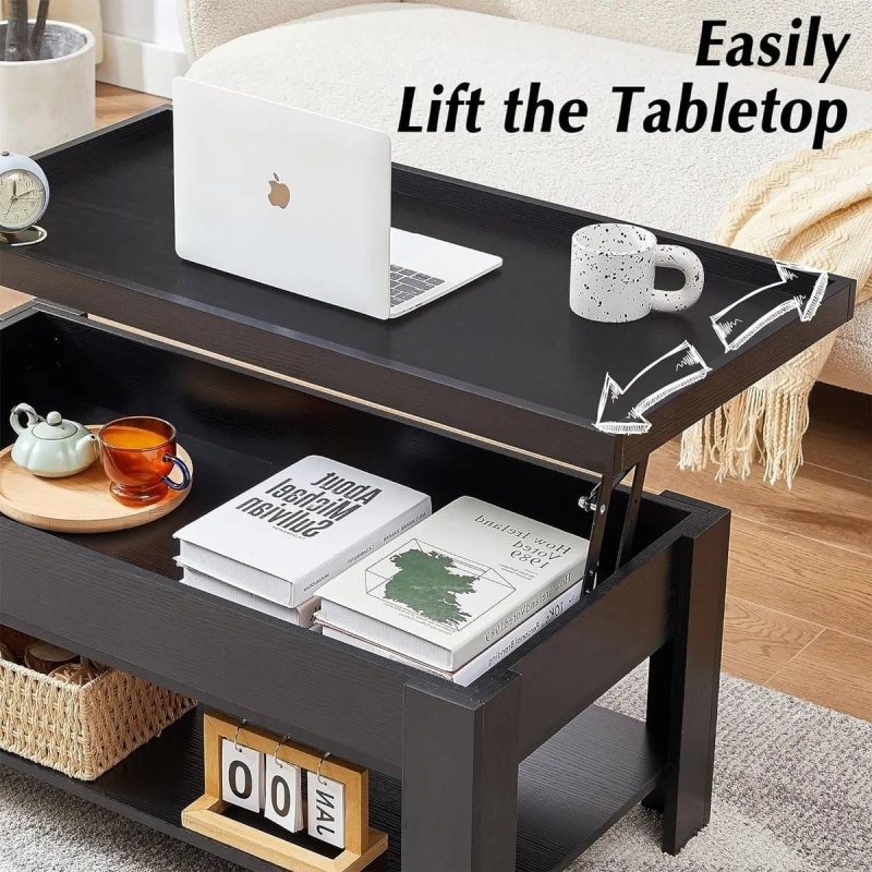 Modern Lift Top Coffee Table Laptop Tray With Storage Shelf In Black Wood Finish