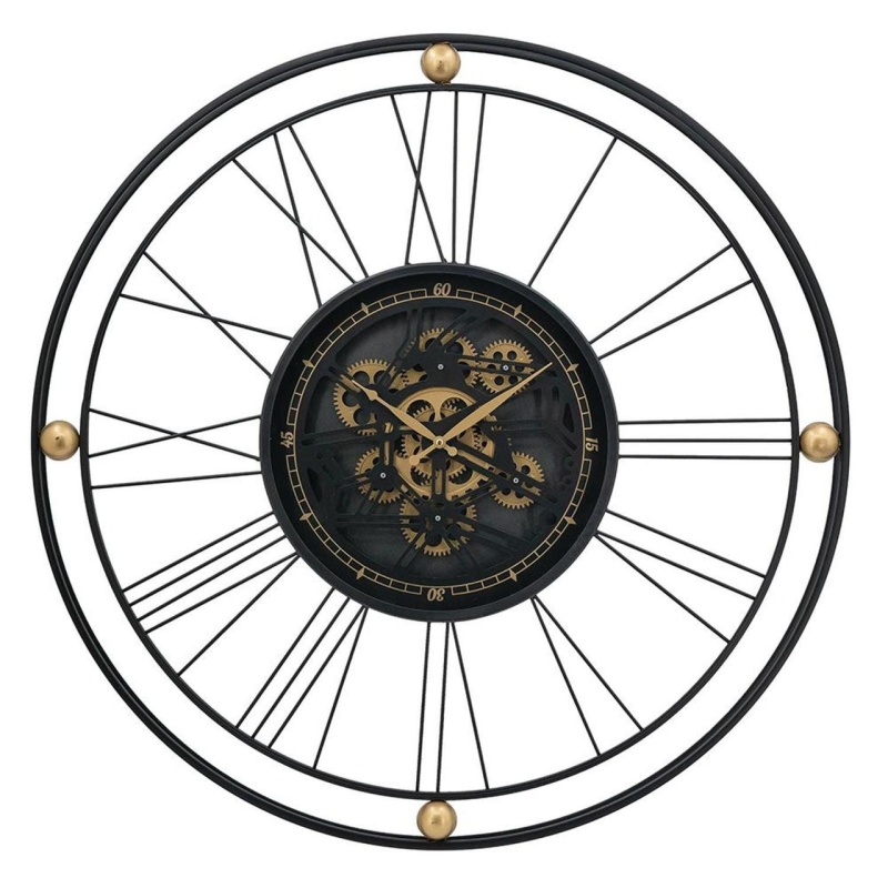 32" Circle Black And Gold Metal And Glass Analog Exposed Gear Wall Clock