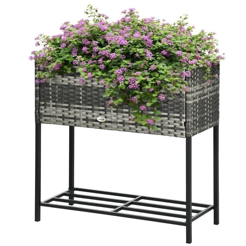 Grey Modern Pe Rattan Wicker Raised Garden Bed Elevated Planter Box
