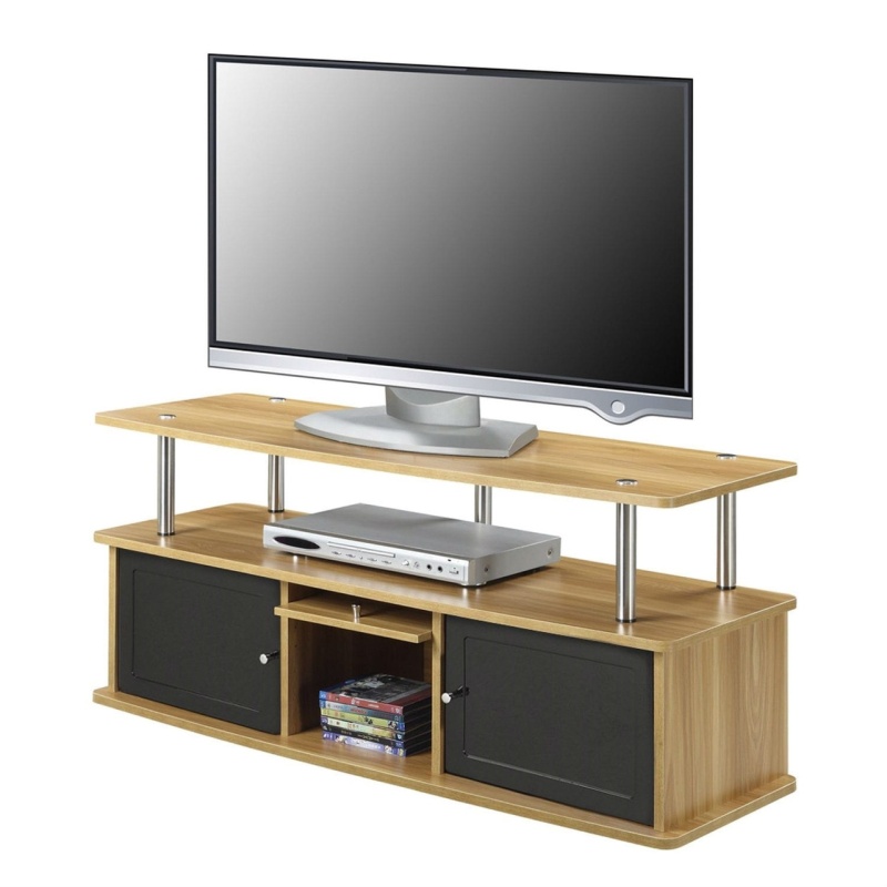 Modern 50-Inch Tv Stand In Light Oak / Black Wood Finish