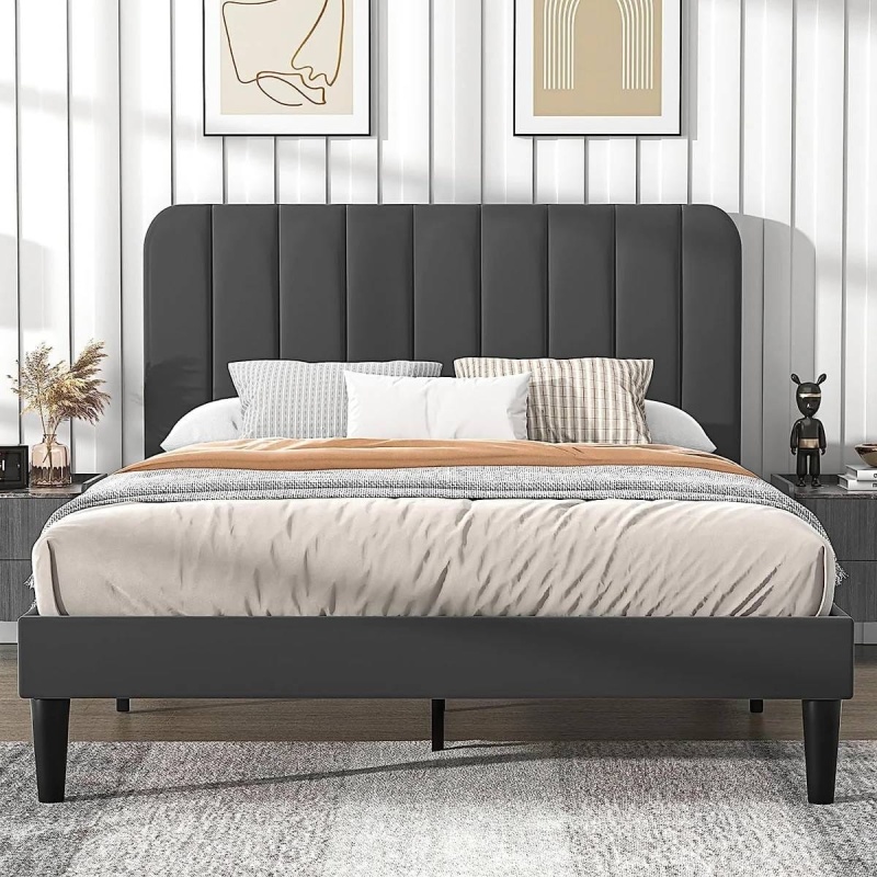 Full Size Dark Grey Upholstered Platform Bed Frame With Headboard