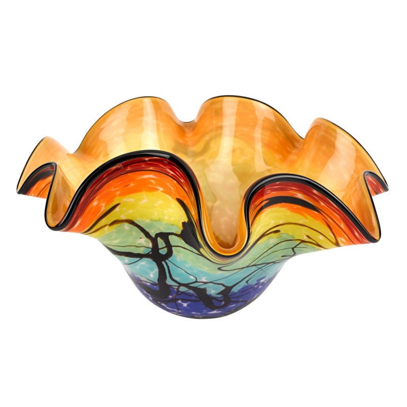 17" Red Yellow And Green Wavy Glass Centerpiece Bowl