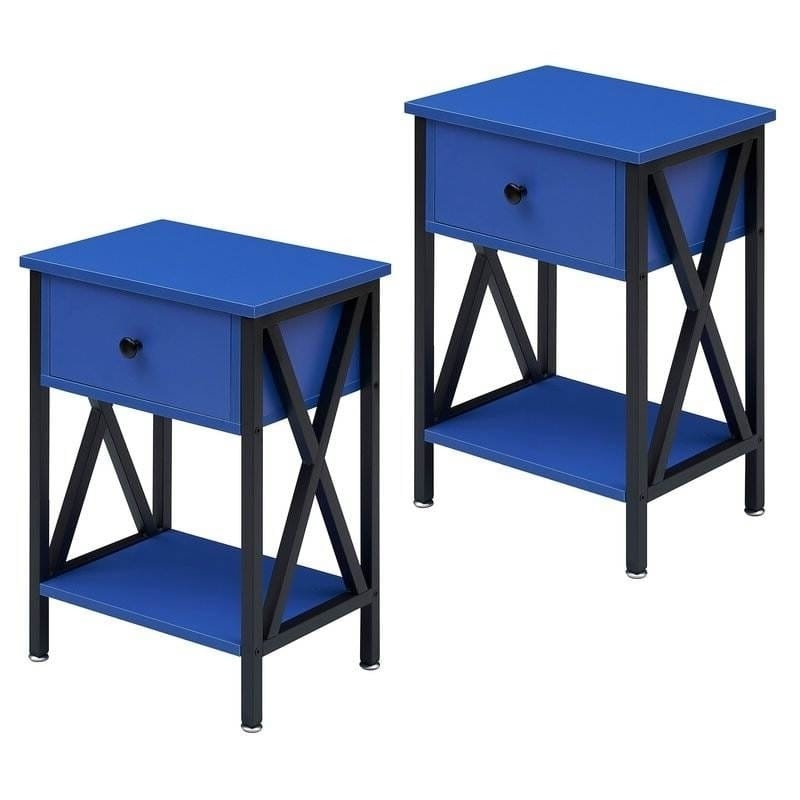 Set Of 2 - 1 Drawer Nightstand In Dark Blue And Black
