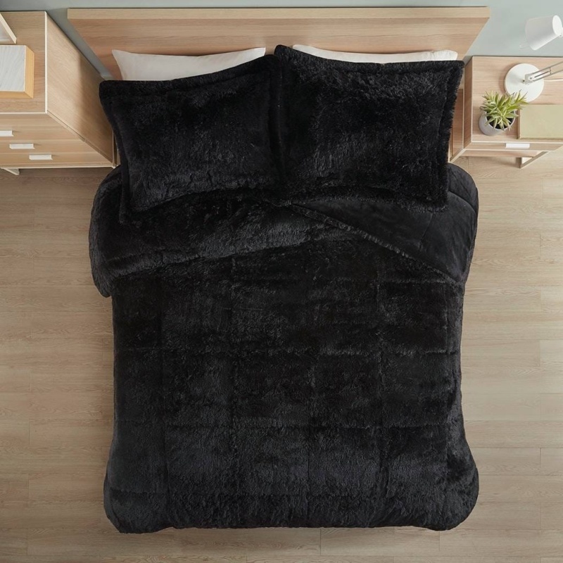 Full/Queen Black Soft Sherpa Faux Fur 3-Piece Comforter Set With Pillow Shams