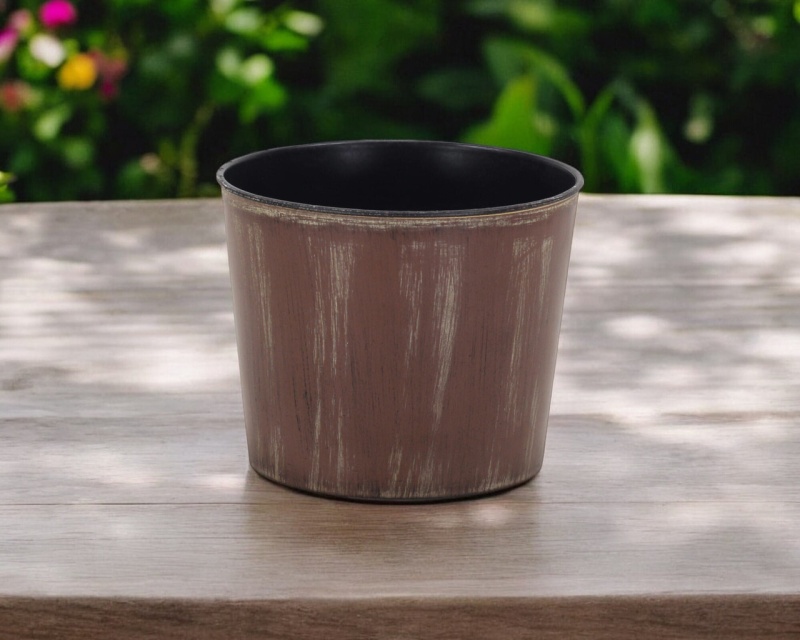 7" Brown And Ivory Textural Tone On Tone Recycled Plastic Indoor Outdoor Round Pot Planter