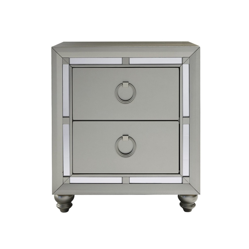 Silver Champagne Tone Nightstand With 2 Drawer Mirror Trim Accent
