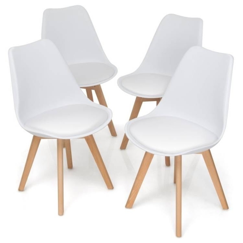 Set Of 4 Modern Mid-Century Style White Pu Leather Dining Chairs With Wood Legs