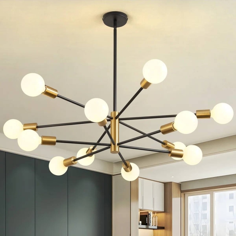 33-Inch Modern 12-Light Dimmable Sputnik Chandelier In Black/Gold Finish