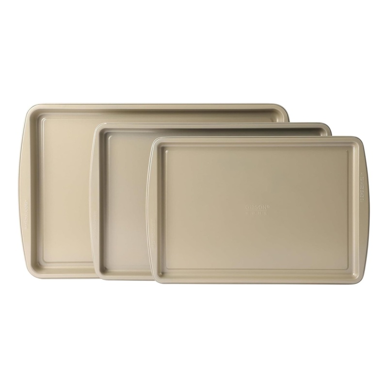 Gibson Home Lyneham 3 Piece Carbon Steel Nonstick Cookie Sheet Set In Champagne Gold