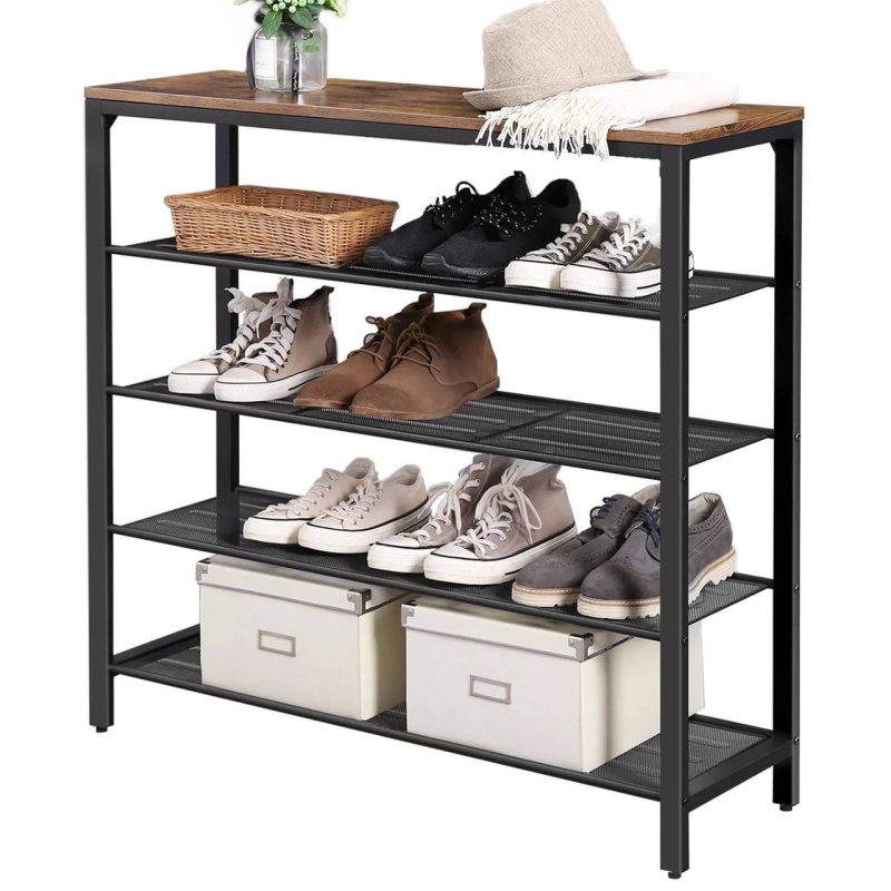 Modern Industrial Style 5-Tier Black Metal Shoe Rack With Brown Wood Top