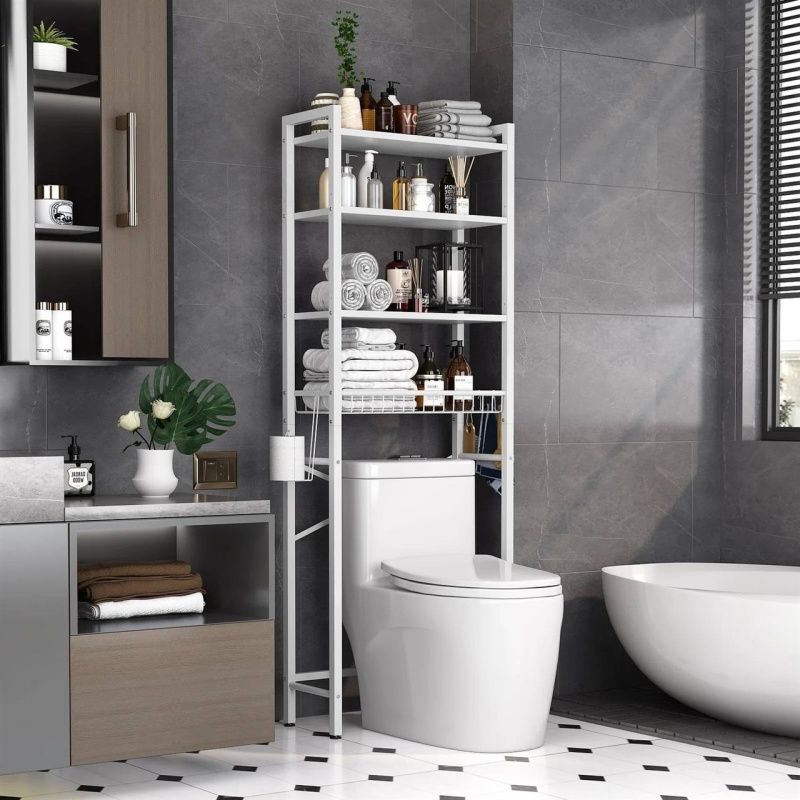 White Over The Toilet Storage Freestanding Industrial Metal Wood Shelving Unit