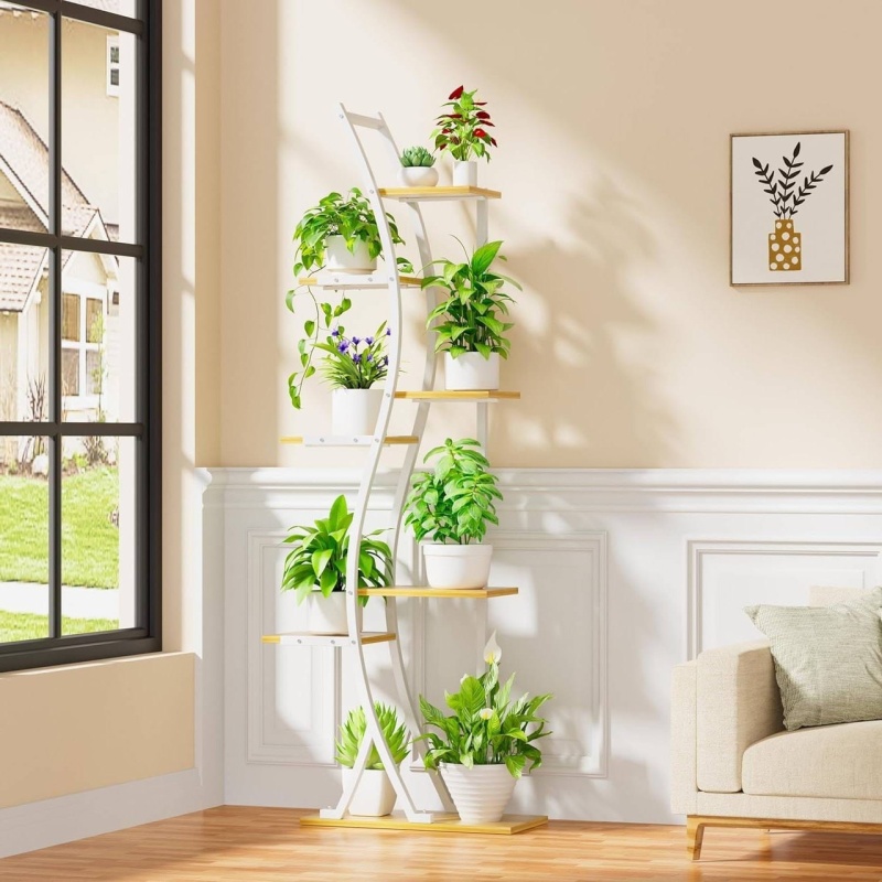 63-Inch Tall Indoor Plant Stand With White Metal Frame And Wood Finish Shelves