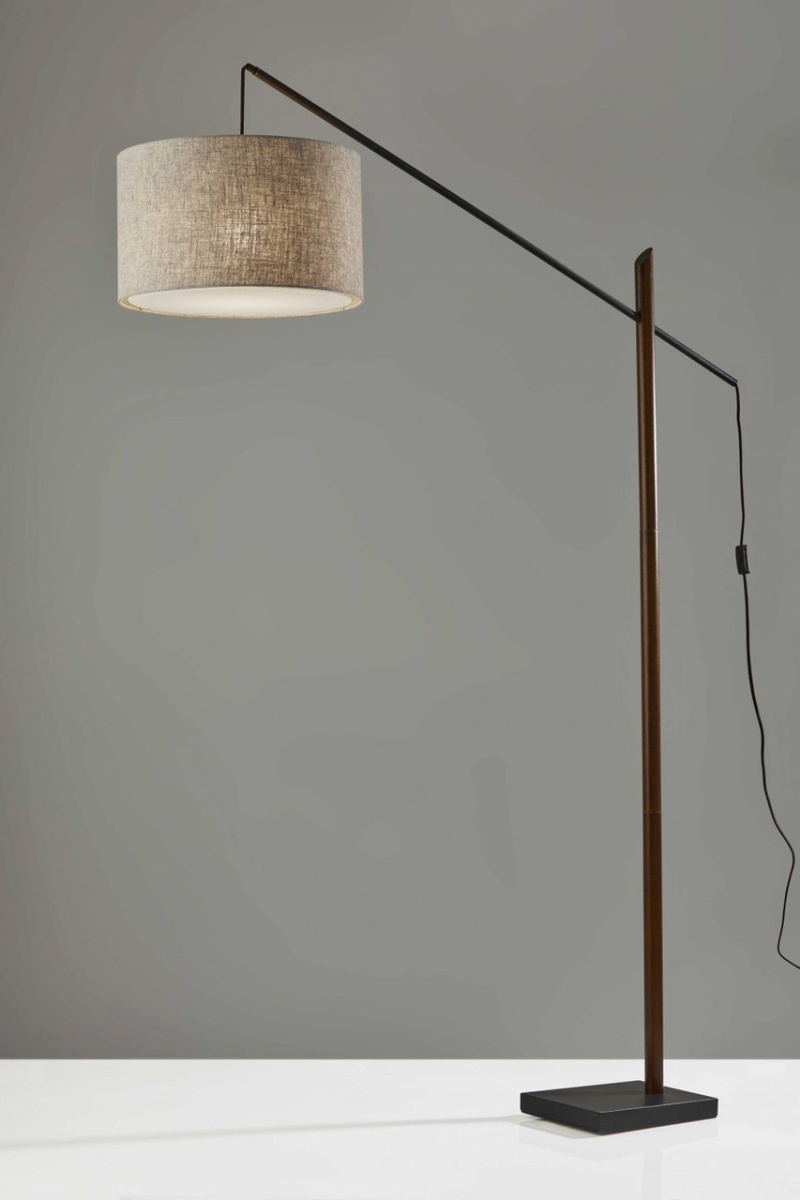 77" Black Swing Arm Floor Lamp With Beige Drum Shade