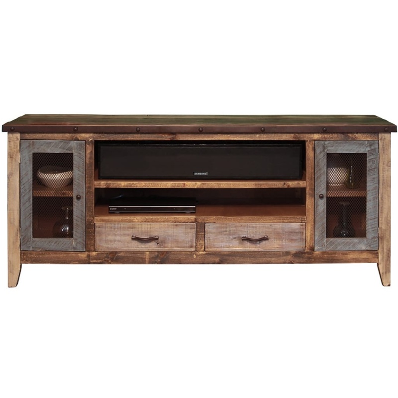 76" Brown Solid Wood Cabinet Enclosed Storage Distressed Tv Stand