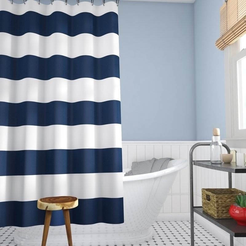 72 X 70 Inch Polyester Navy Blue White Nautical Ocean Striped Shower Curtain