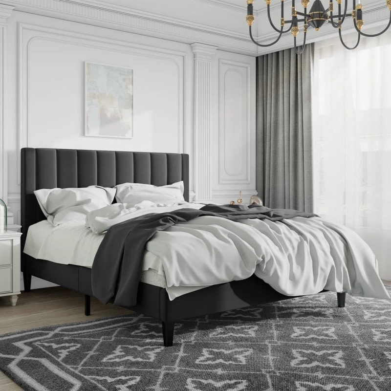 Full Size Black Velvet Upholstered Platform Bed Frame With Headboard