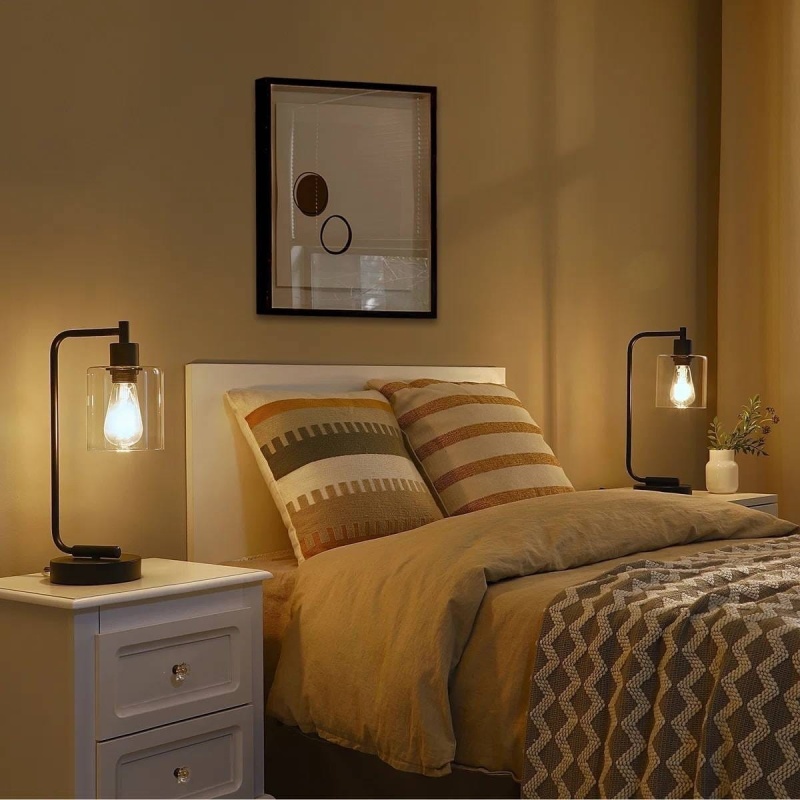 Set Of 2 - Farmhouse Bedside Table Lamp Black Desk Light With Usb Charging Ports
