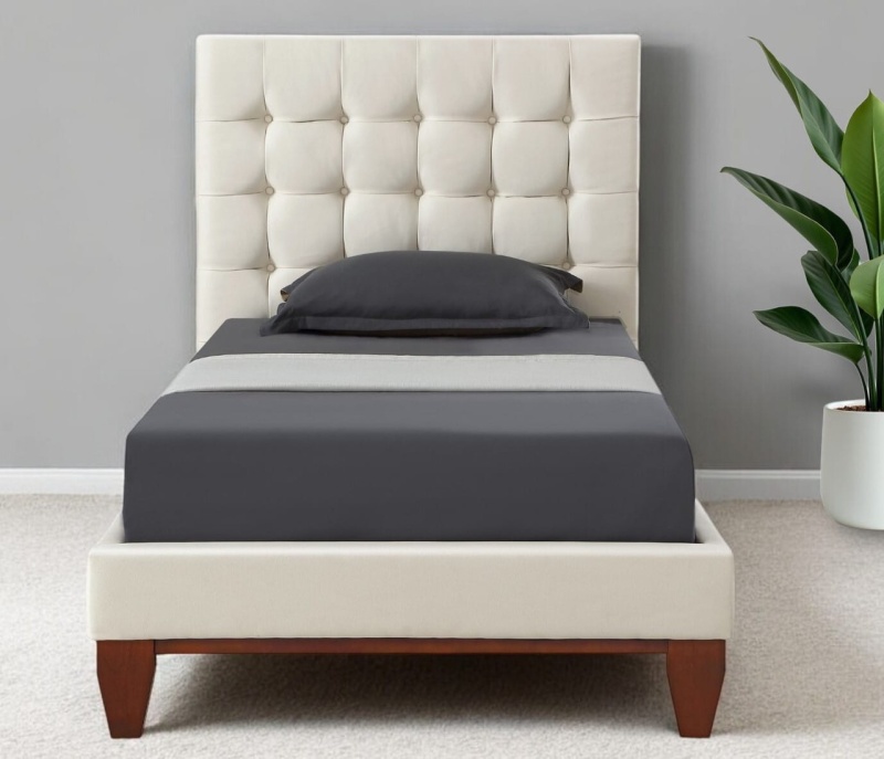 Beige Solid Wood Full Tufted Upholstered Linen Bed