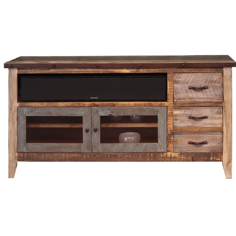 61" Brown Distressed Solid Wood TV Stand
