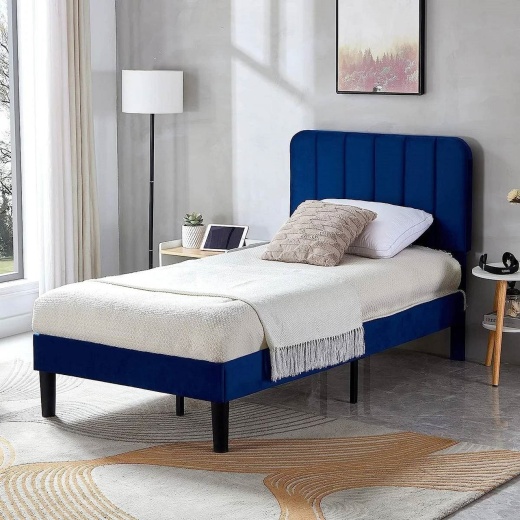 Twin Size Blue Upholstered Platform Bed Frame With Headboard