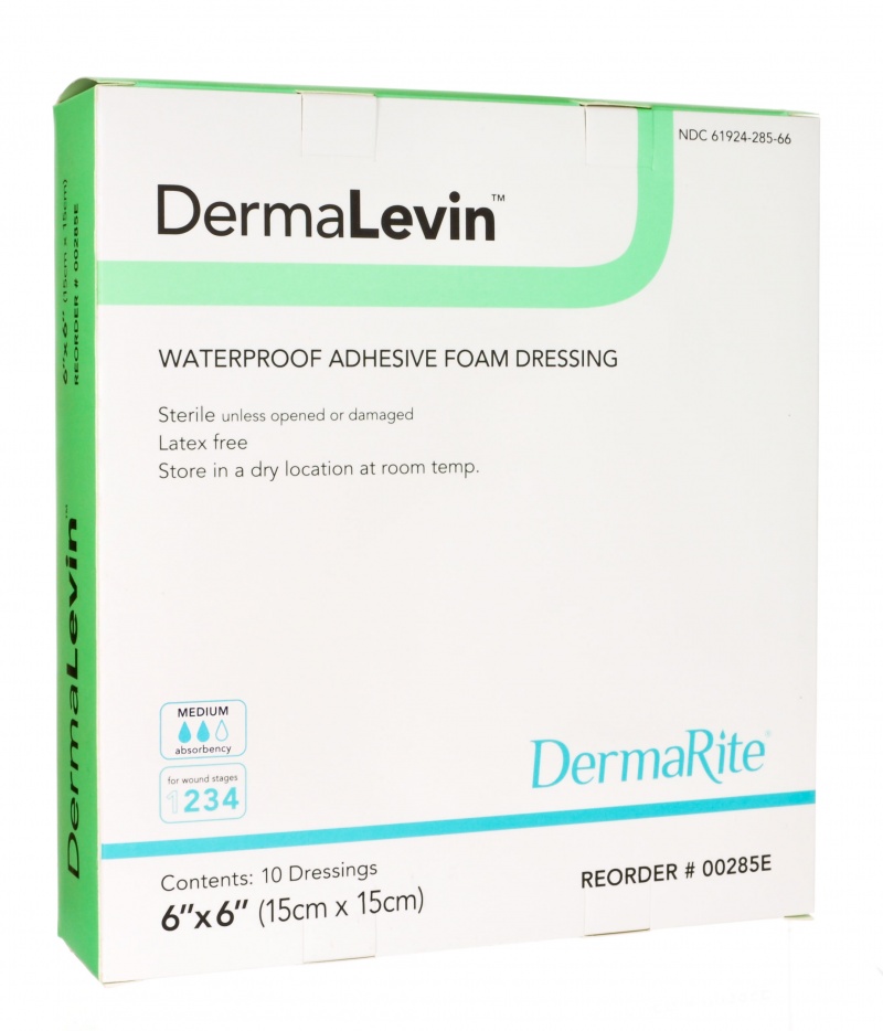 Dermalevin Waterproof Adhesive Foam Dressing 6"X6" 10/Bx