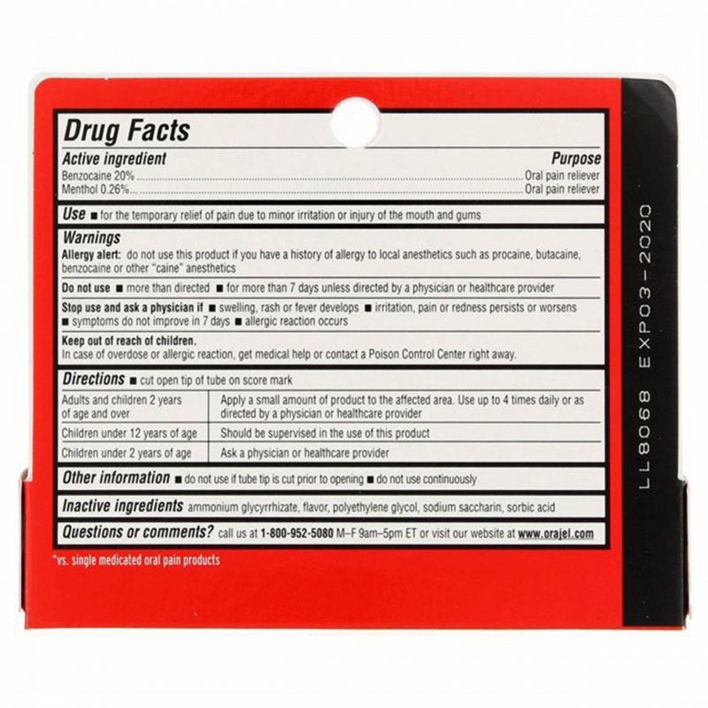 Orajel 20 Strength Benzocaine Oral Pain Relief Oral Gel