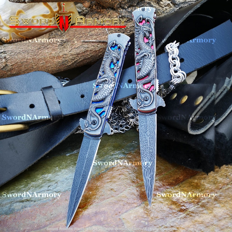 8.5â?Spring Assisted Flipper Folding Pocket Dagger Dragon Handle Needle Point