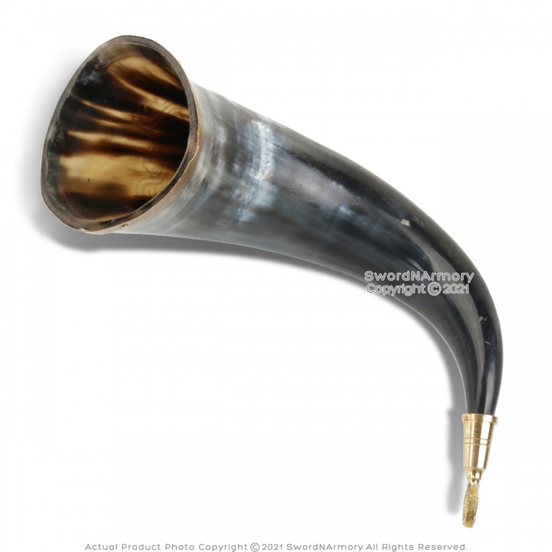 13" Odin's Ravens Huginn Muninn Design Drinking Cow Horn Bos Taurus With Brass