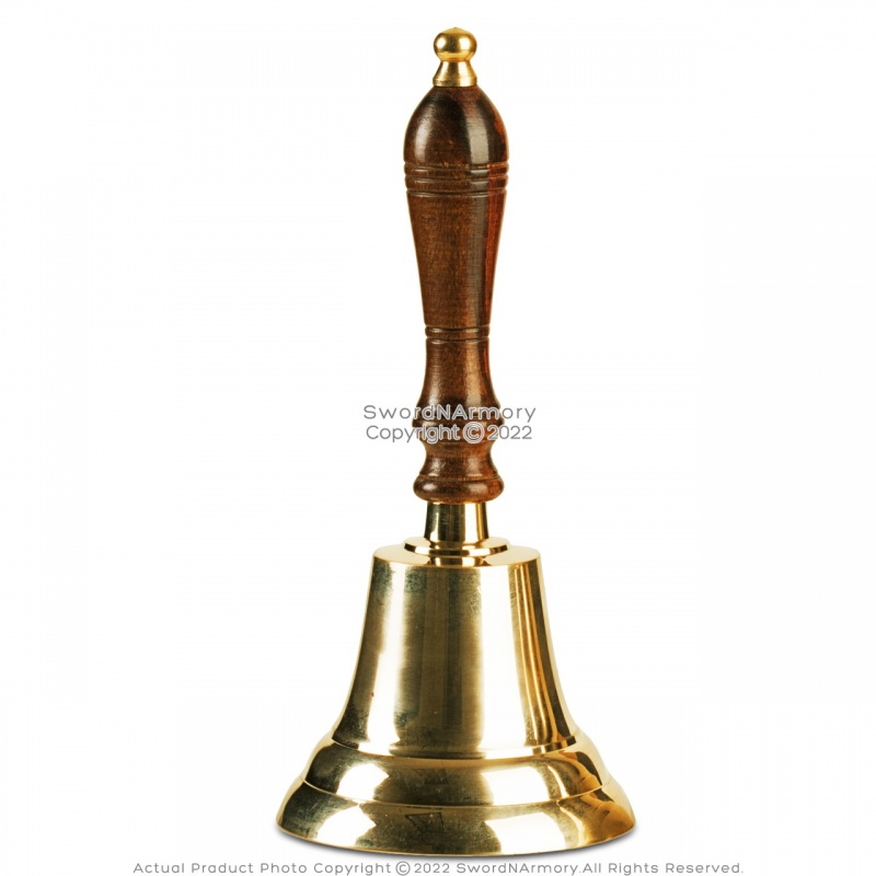 Brass School Bell Wooden Handle With Brass Detail Cast Iron Clapper 