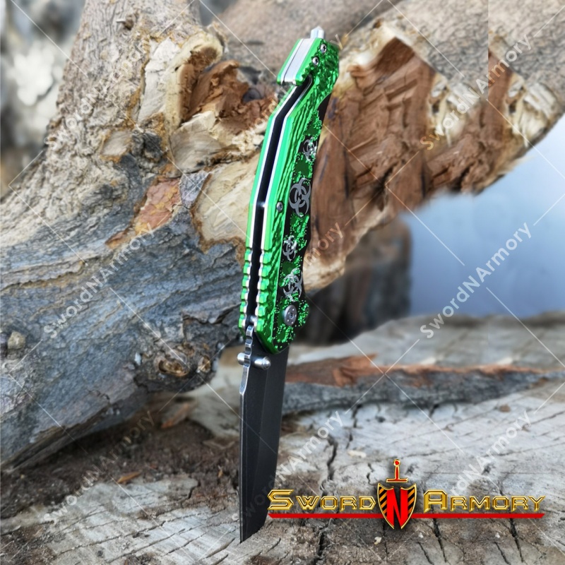 8" Emergency Spring Assisted Opening Knife Zombie Symbol Stone Finished Blade