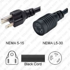 Nema 5-15 Male Plug To L5-30 Connector 0.3 Meters / 1 Foot 15A/125V 12/3 Sjt Black - Pigtail Plug Adapter