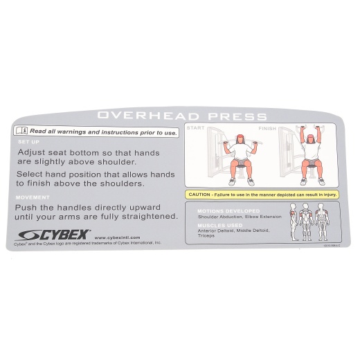 Placard, Vr3 Overhead Press Cybex 12010-598-1 - Premium Strength Training Equipment
