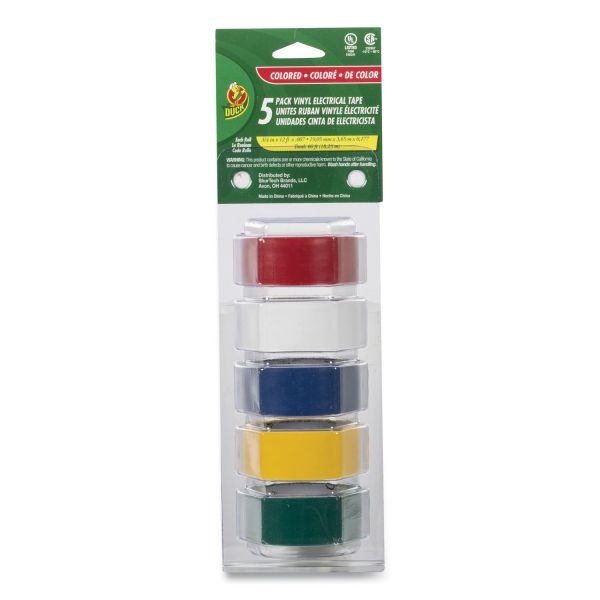 Duck Electrical Tape, 1" Core, 0.75" X 12 Ft, Assorted Colors, 5/Pack